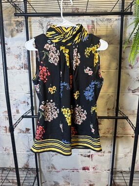New York & Company Black Floral Tie-Neck Camisole with Yellow Trim